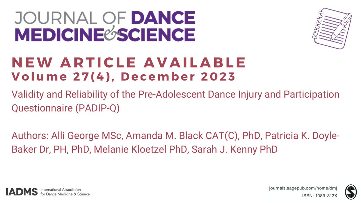 Check out this research study from @JDMS_IADMS which has developed a valid and reliable dance injury and participation surveillance tool for pre-adolescent (8-12 years) private studio dancers. Read more here: journals.sagepub.com/doi/full/10.11… #danceinjury #Dance