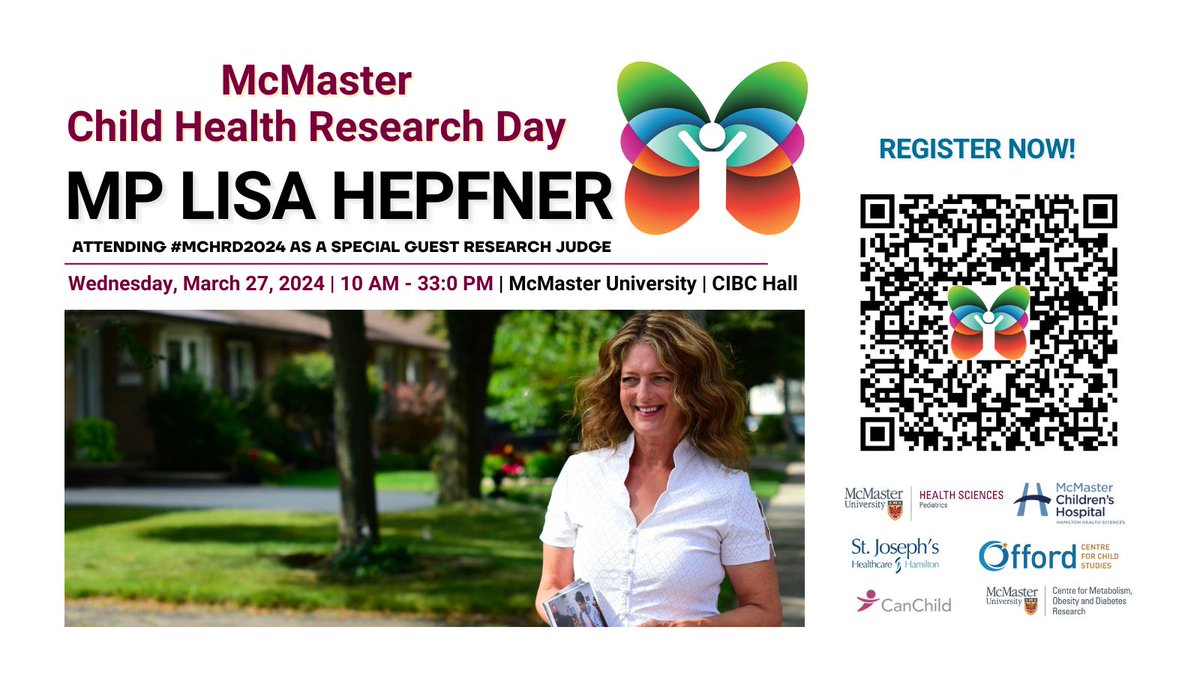 McMaster Child Health Research (@mcmasterchr) on Twitter photo 🌟 Breaking News🌟 <a href="/McMasterU/">McMaster University</a> alum and Hamilton Mountain's very own Member of Parliament <a href="/lisahepfner/">Lisa Hepfner</a> will join #MCHRD2024 as a Special Research Judge 🎓
We're thrilled to have her support in advancing #ChildHealthResearch.
Don't miss out! Register now. All are welcome. 🌟 Breaking News🌟 <a href="/McMasterU/">McMaster University</a> alum and Hamilton Mountain's very own Member of Parliament <a href="/lisahepfner/">Lisa Hepfner</a> will join #MCHRD2024 as a Special Research Judge 🎓
We're thrilled to have her support in advancing #ChildHealthResearch.
Don't miss out! Register now. All are welcome.