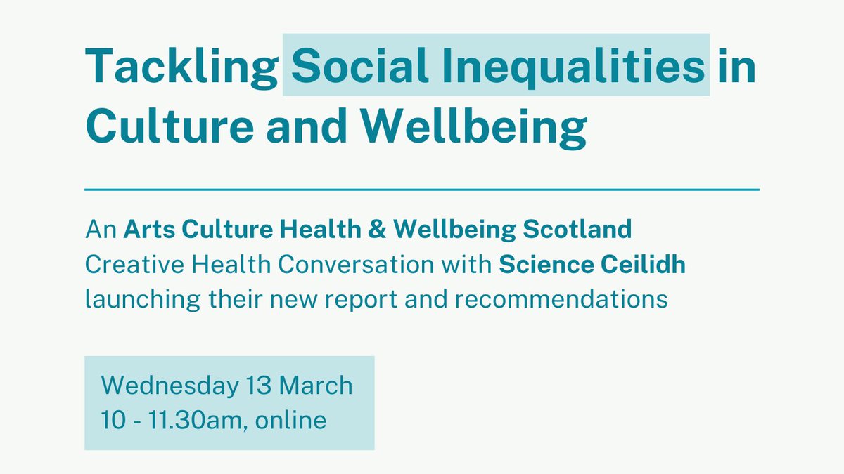 How can culture challenge social inequalities &amp; support wellbeing in Scotland? How can we reimagine the whole system? 

Looking forward to our conversation with <a href="/achwscotland/">Arts Culture Health & Wellbeing Scotland (ACHWS)</a> launching our new report next Wednesday 10am

All welcome #CultureWellbeingScot
eventbrite.com/e/tackling-soc…