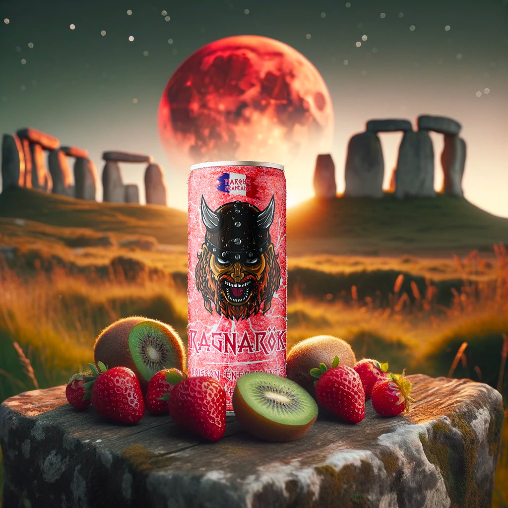 ragnarokdrink's tweet photo. 🍓🥝 Nouvelle saveur Fraise/Kiwi, disponible en supermarché début avril PARTOUT en France 🇫🇷 

On vous révèle l’enseigne partenaire lundi ! En attendant, si on vous racontait l’histoire de cette nouvelle saveur.. ? 👇🏼

Dans les terres sauvages et impitoyables du Nord, où les éléments eux-mêmes défient les hommes, vivait un guerrier viking légendaire nommé Björn Côtes de Fer. 

Renommé pour sa force inébranlable et sa détermination de fer, Björn était un leader né, inspirant respect et admiration parmi ses pairs. Sa quête incessante de puissance et d'aventure le conduisit à une découverte qui marquerait à jamais le monde des Vikings.

Un jour, au cours d'une expédition audacieuse dans des terres inexplorées, Björn et ses hommes découvrirent une vallée cachée, un paradis terrestre où poussaient deux fruits étranges : des fraises d'un rouge profond, pulpeuses et juteuses, et des kiwis d'un vert éclatant, sucrés et rafraîchissants. Jamais auparavant les Vikings n'avaient goûté à de telles merveilles. Convaincu que ces fruits étaient bénis par les dieux eux-mêmes, Björn décida de les emporter avec lui.

De retour dans son village, il fit appel à la sagacité de la guérisseuse du clan, une femme sage qui connaissait les secrets des plantes et des fruits. Ensemble, ils créèrent une boisson énergisante fusionnant les vertus de la fraise et du kiwi, espérant qu'elle donnerait aux Vikings la vigueur nécessaire pour affronter leurs destinées.

Lorsque Björn Côtes de Fer présenta la boisson à son peuple, l'effet fut instantané : ceux qui la consommèrent ressentirent une force nouvelle, un regain d'énergie qui les poussa à se surpasser, que ce soit dans la bataille, lors de la chasse ou dans l'exploration de nouvelles contrées.

La légende de cette boisson, que l'on nomma Ragnarök Fraise/Kiwi en hommage à la grande bataille des dieux et des hommes, se répandit comme une traînée de poudre à travers les âges, symbolisant la bravoure et l'endurance de ceux qui osent défier leur sort.

Ainsi, la légende de Björn Côtes de Fer et de sa découverte légendaire perdura, inspirant tous ceux qui cherchent à puiser dans les profondeurs de leur courage.