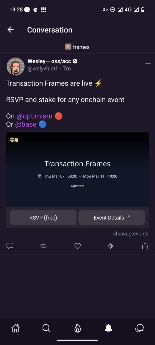 wslyvh's tweet photo. Transaction Frames are live ⚡

Allowing you to share and directly RSVP and stake any @showupprotocol event 😎

Basically solving distribution issues that other, well known platforms have 👋 https://t.co/xVMqIEOkBy