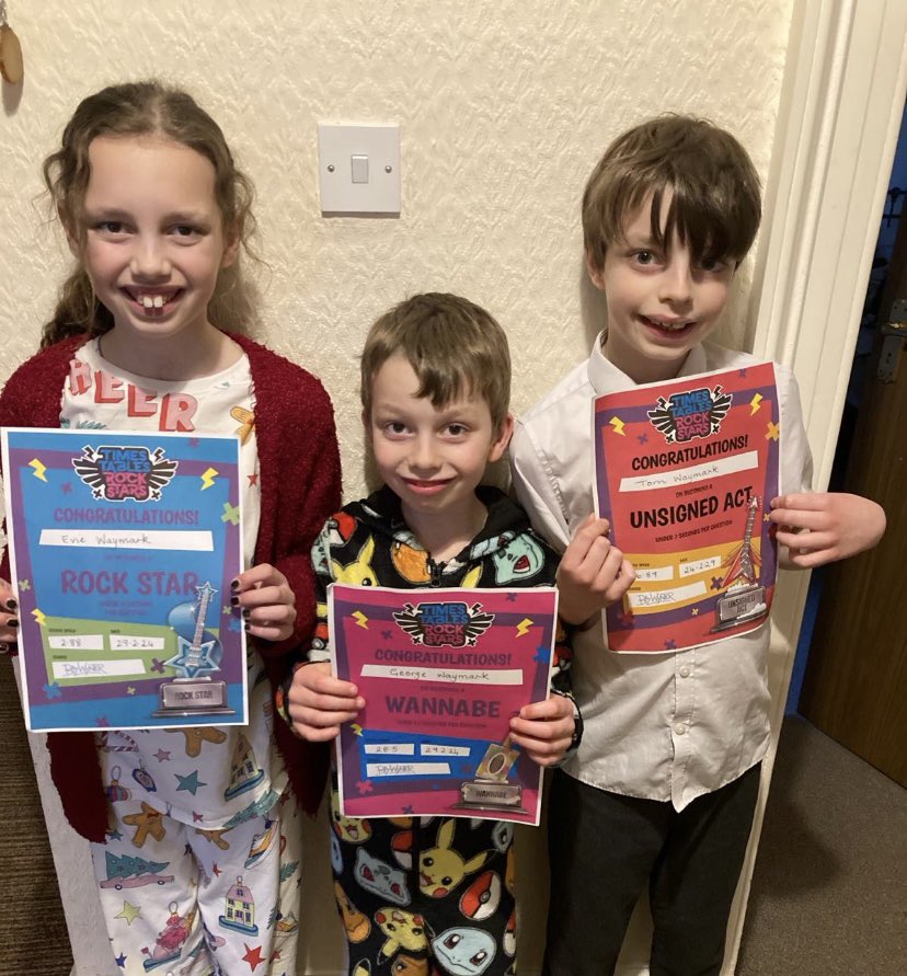 These three siblings are all celebrating being Times Table Rock Stars this week!! Well done 👏👏 @TTRockStars #readyfortomorrow