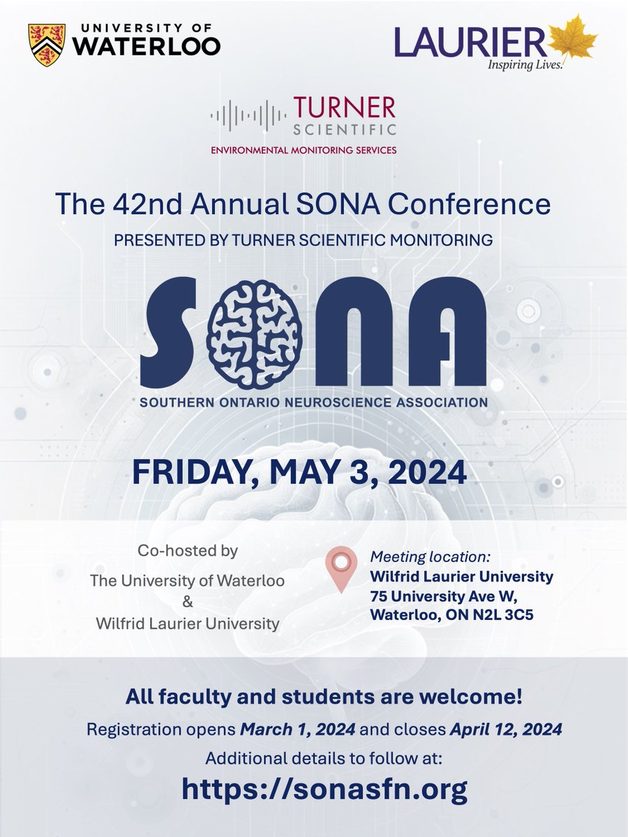 Just registered for this year's Southern Ontario Neuroscience Association annual meeting @Laurier (co-hosted by @UWaterloo). I haven't been to the SONA (an @SfNtweets local chapter) meeting since 2018, so I'm excited to be returning 🧠