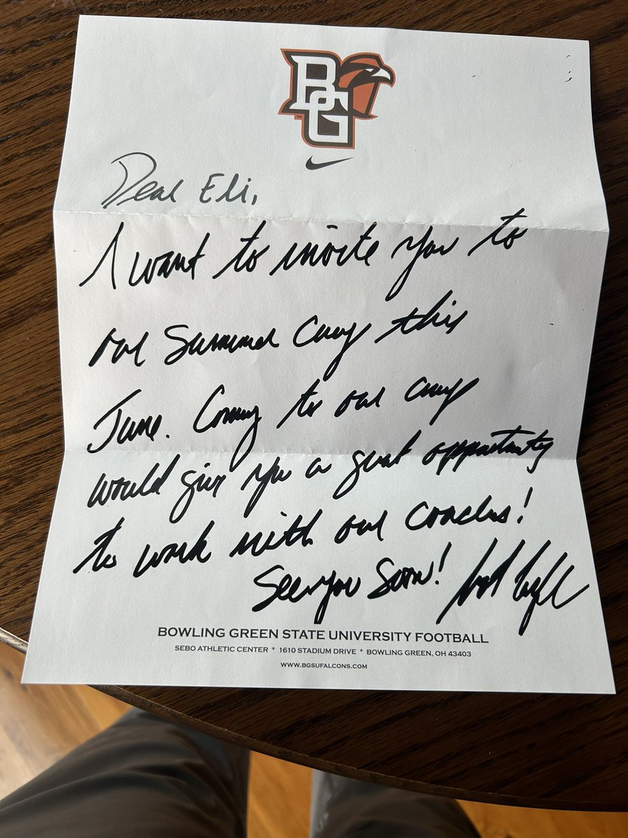 Thank you <a href="/CoachLoefflerBG/">Scot Loeffler</a> for the letter! Can't wait to come to Bowling Green this summer and compete. <a href="/CoachBayer_/">Alex Bayer</a> <a href="/CoachGregNosal/">Greg Nosal</a> <a href="/CoachMaxWarner/">Max Warner</a> <a href="/ErikCampbell/">Coach Erik Campbell</a> <a href="/Coach_B_Johnson/">Coach Johnson</a> <a href="/CoachGardnerOL/">Geoff Gardner</a>