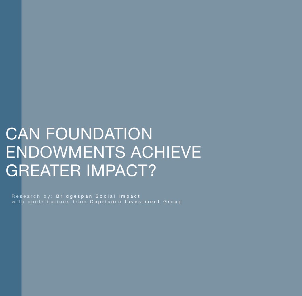 A report from Bridgespan Social Impact (BSI) and Capricorn Investment Group is out: "Can foundation endowments achieve greater impact?" Spoiler alert... they can and they should and - if we're truly here for our missions - they will.

capricornllc.com/wp-content/upl…