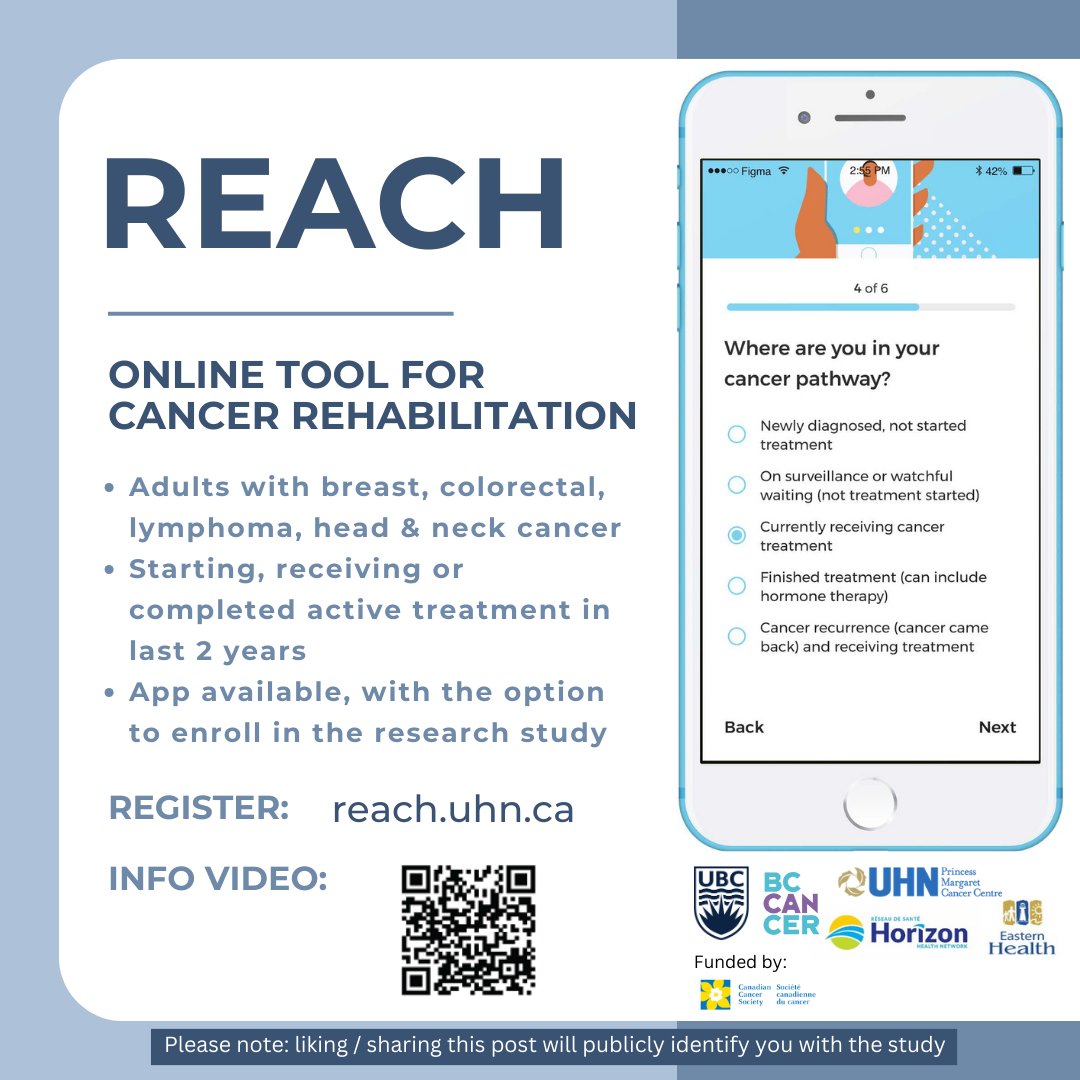 Researchers at UBC are recruiting people to use REACH &amp; enrol in the REACH study: an app that screens for cancer-related symptoms &amp; links people to rehabilitation resources.  

🇨🇦Open to: 
- Vancouver
- Toronto
- Saint John
- St. John's 

Link in bio for more info!