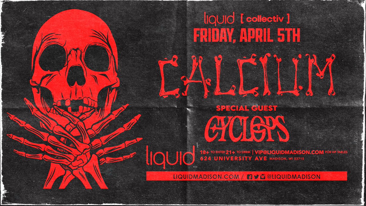 INSANITY IS COMING TO MADISON! @calciumdubs & @thisiscyclops are taking over Liquid on April 5th. ☠️👁️ 🎟: bit.ly/CALCICLOPSMAD2… ( ON SALE NOW )