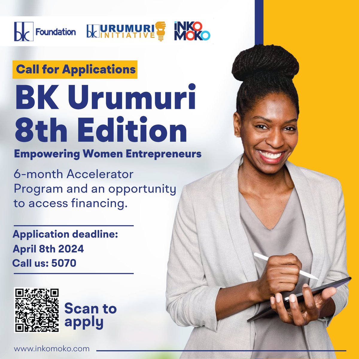 📢#BKUrumuri is calling all women-led businesses in Rwanda! 
Inkomoko in partnership with <a href="/BKFoundation_/">BK Foundation</a> offer you an opportunity to join the 6-month accelerator program and access to financing to help you grow your business.
Click bit.ly/3T6Wd4t to learn more and apply.