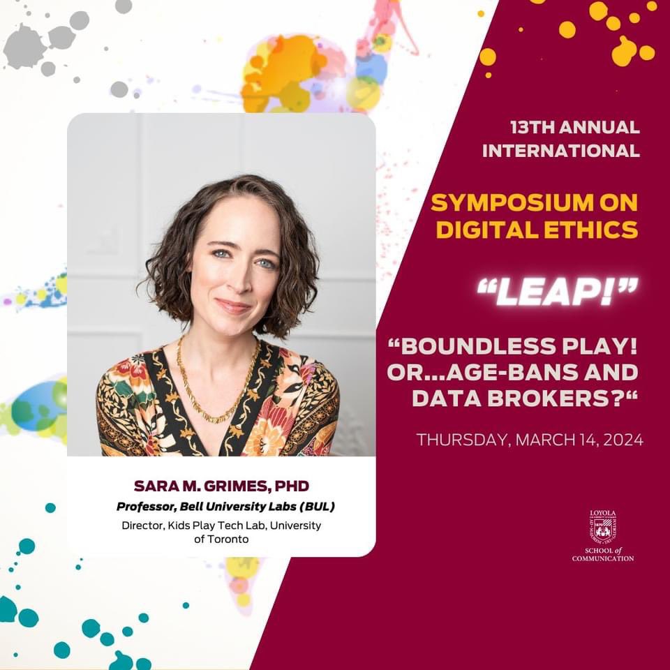 We look forward to March 14th's Digital Ethics Symposium Keynote by Sara M. Grimes @smgrimes! Join us in Chicago F2F or online by registering here: luc.edu/LEAP Happy #InternationalWomensDay @LoyolaChicago @Loyola_SOC