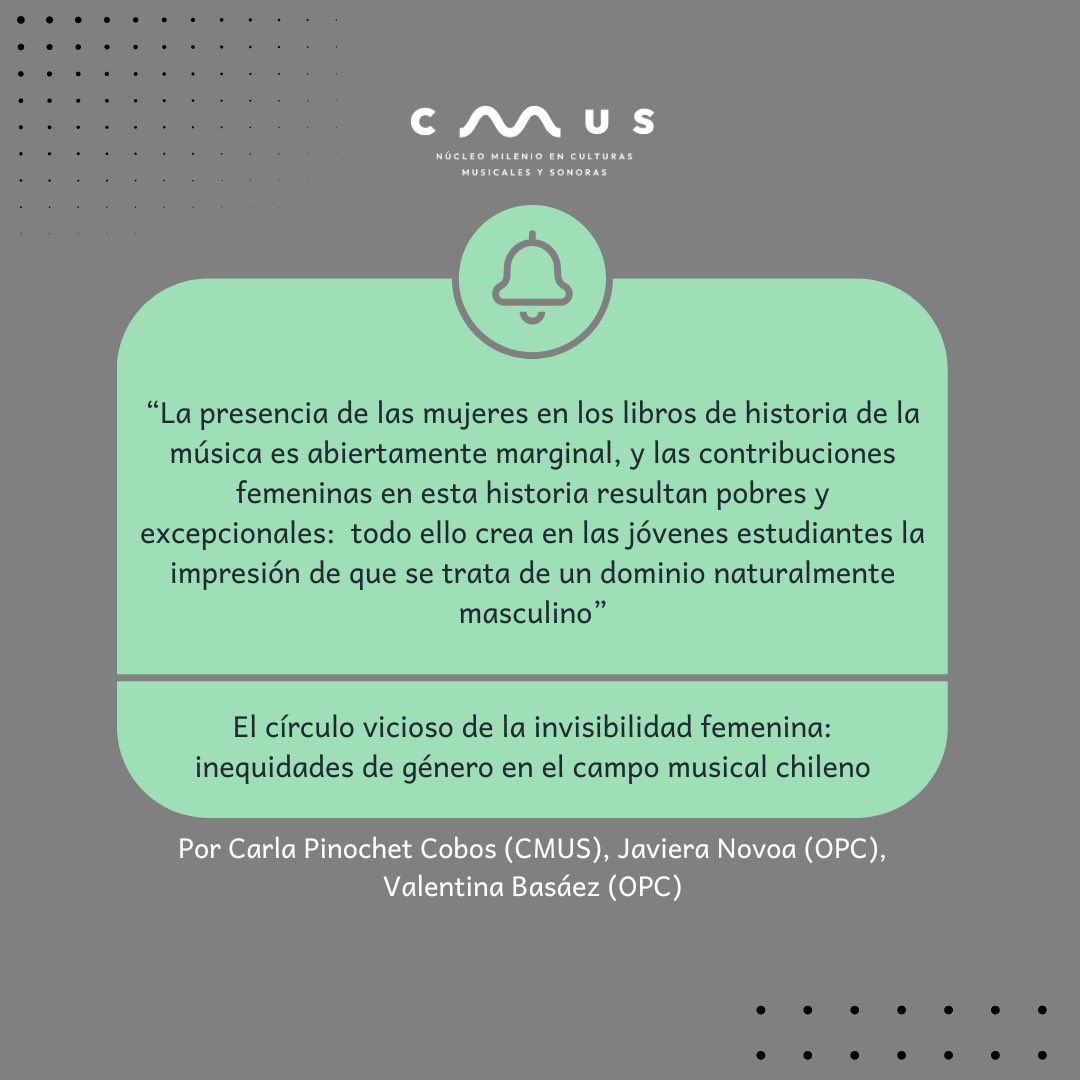 En este #8M , Día internacional de la Mujer, como CMUS nos damos el espacio para destacar parte de nuestras investigaciones con foco de género, en este caso, realizado por nuestra directora alterna Carla Pinochet Cobos <a href="/carlaasecas/">C.</a> , junto a Javiera Novoa y Valentina Basáez.