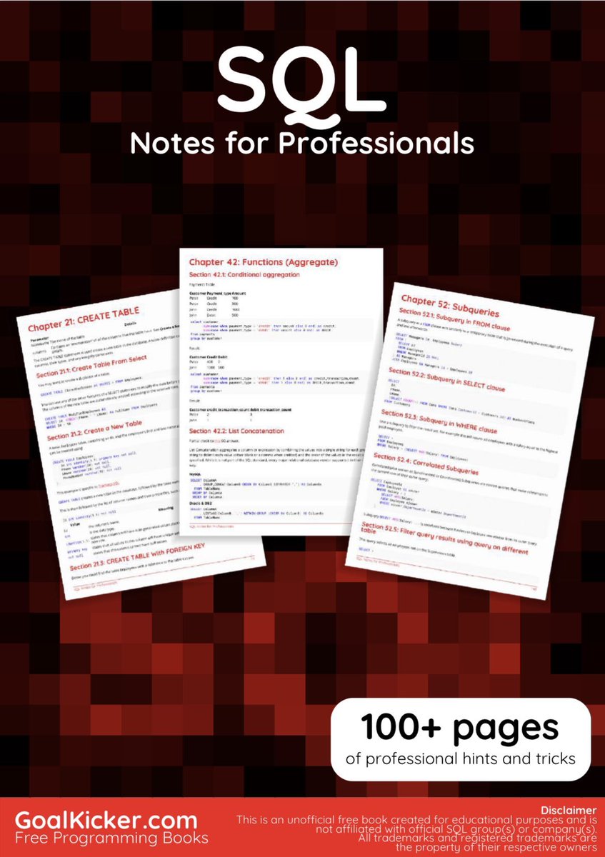 [Download 166-page PDF eBook] #SQL Notes for Professionals: books.goalkicker.com/SQLBook/
———
#Database #DataScience #DataAnalytics #DataScientists #DataProfiling