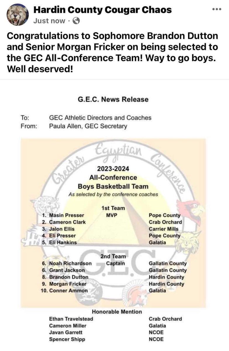 Hardin County Cougar Athletics (@cougarhardin) on Twitter photo Congratulations Sophomore Brandon Dutton <a href="/b_dutton07/">Brandon Dutton</a> and Senior Morgan Fricker <a href="/morgan_fricker/">Morgan Fricker</a> on being named to the GEC Basketball All Conference Team!! Congratulations Sophomore Brandon Dutton <a href="/b_dutton07/">Brandon Dutton</a> and Senior Morgan Fricker <a href="/morgan_fricker/">Morgan Fricker</a> on being named to the GEC Basketball All Conference Team!!
