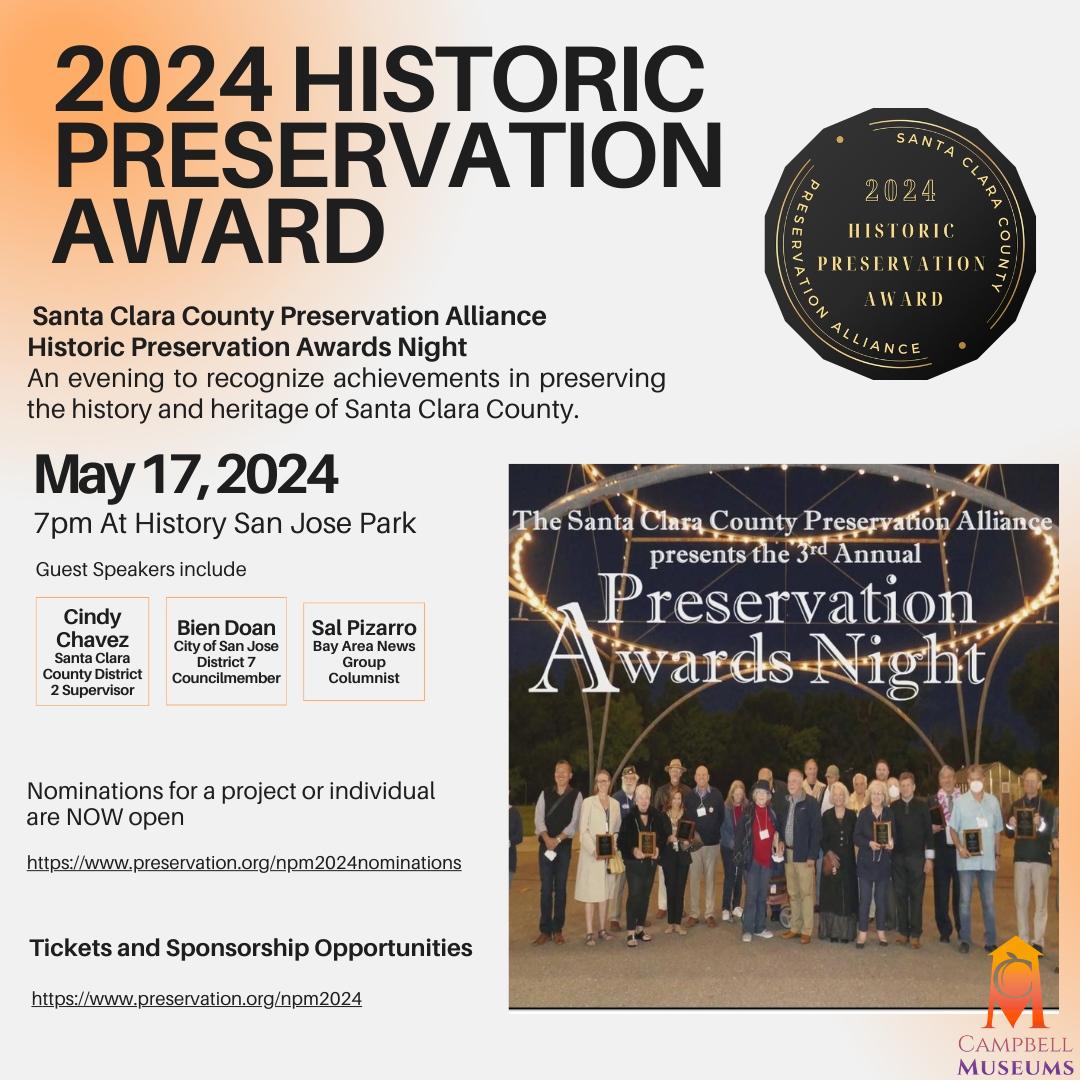 campbellmuseums's tweet photo. Santa Clara County Preservation Alliance presents:
2024 Historic Preservation Awards Night
Friday, May 17th, 7:00 pm at History San Jose Park
This is a fun evening recognizing individuals, organizations, and public agencies, whose contributions demonstrate significant achievem... https://t.co/9fYvfrnehg