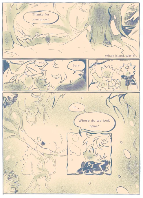 posting the first two pages of my comic for @zine_garden I wrote about winter, grieving childhood friendships and gon n killua looking for a knife #hxh 