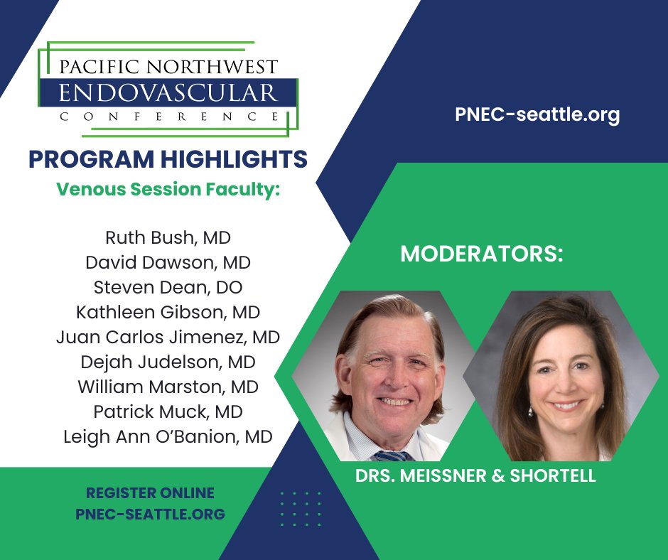 Deep dive into the Venous Session at #PNEC2024 moderated by Drs. Mark Meissner and Cynthia Shortell. Register now at pnec-seattle.org to learn from these KOLs! @RuthLBush #venous #veins #lipedema #renal #thrombectomy #embolization #stent