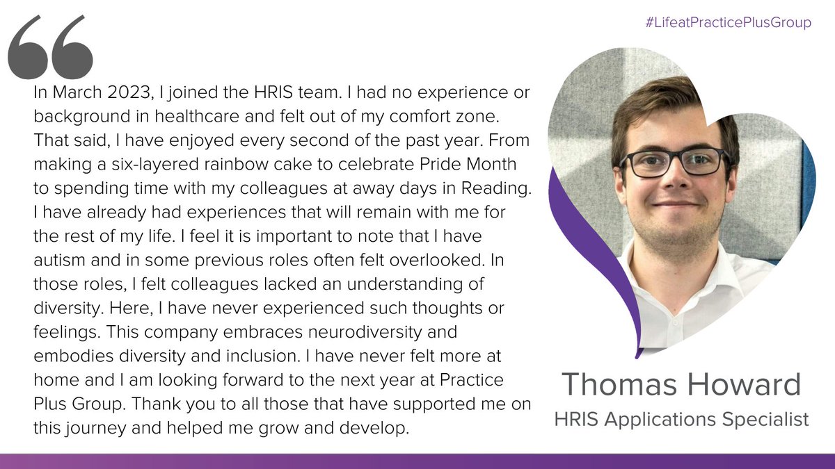 PracticePlusGrp's tweet photo. Thomas Howard, a valued member of our HRIS team, shares his journey of growth and acceptance. We embrace neurodiversity at Practice Plus Group: every voice is heard and valued.
Join us to unlock your best work life: https://t.co/fxcIYwNiMf
#LifeatPracticePlusGroup
#BrandAwareness https://t.co/LvmjT0v9Ns