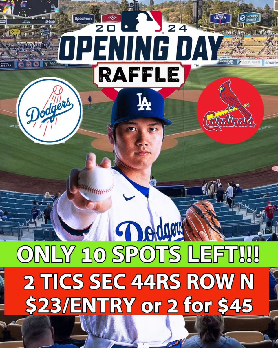 dodgers_geek's tweet photo. 🚨🔥#RAFFLE TIME🔥🚨 
#OPENINGDAY
Raffling 2 tickets
#DODGERS v #CARDINALS
Thu March 24 @ 1:10PM
Sec 44RS ROW N Aisle Seats!! 

$23/ENTRY or 2 for $45
40 ENTRIES TOTAL
DM for info on how to enter #Raffle https://t.co/x0RUGlWRIA