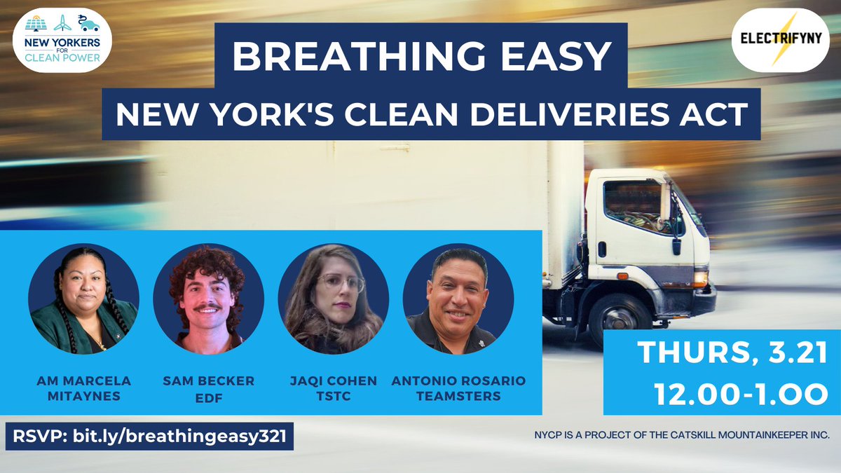 📅 Tune in on 03.21 at noon for a #CleanDeliveries Teach-In with @Electrify_NY & @nyforcleanpower!

Hear from:
🚛 AM @MMitaynes
🚛 Sam Becker of @EDFCleanAir
🚛Jaqi Cohen of @Tri_State
🚛Antonio Rosario of @Teamsters

Register today: bit.ly/breathingeasy3…