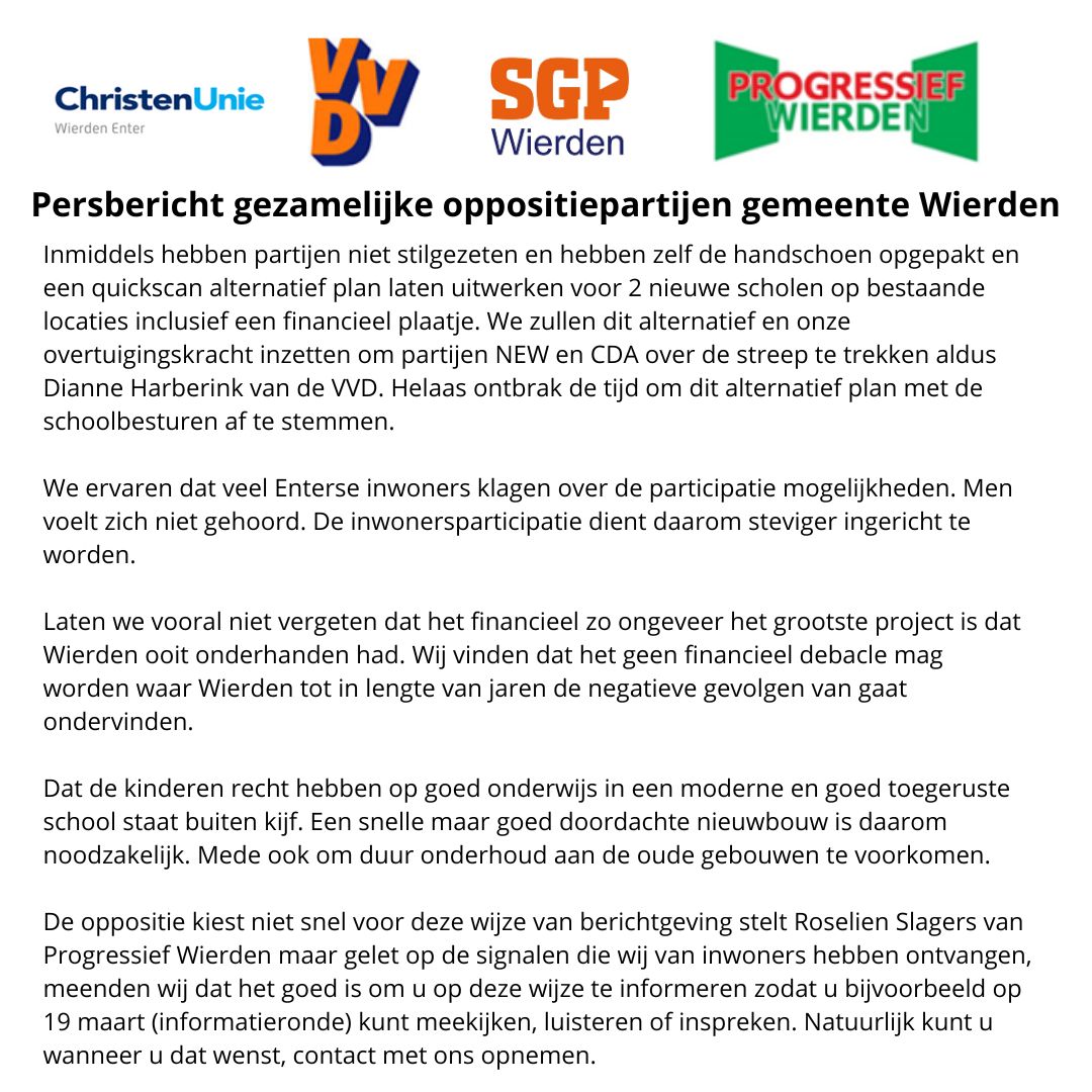 Samen met Christenunie Wierden-Enter , VVD Wierden-Enter en Progressief Wierden hebben wij een quickscan met een alternatief plan laten uitwerken voor twee nieuwe scholen op bestaande locaties. Inclusief een financieel plaatje. Hierbij is de tekst te lezen.