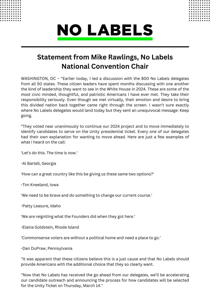 Statement from Mike Rawlings, No Labels National Convention Chair:
