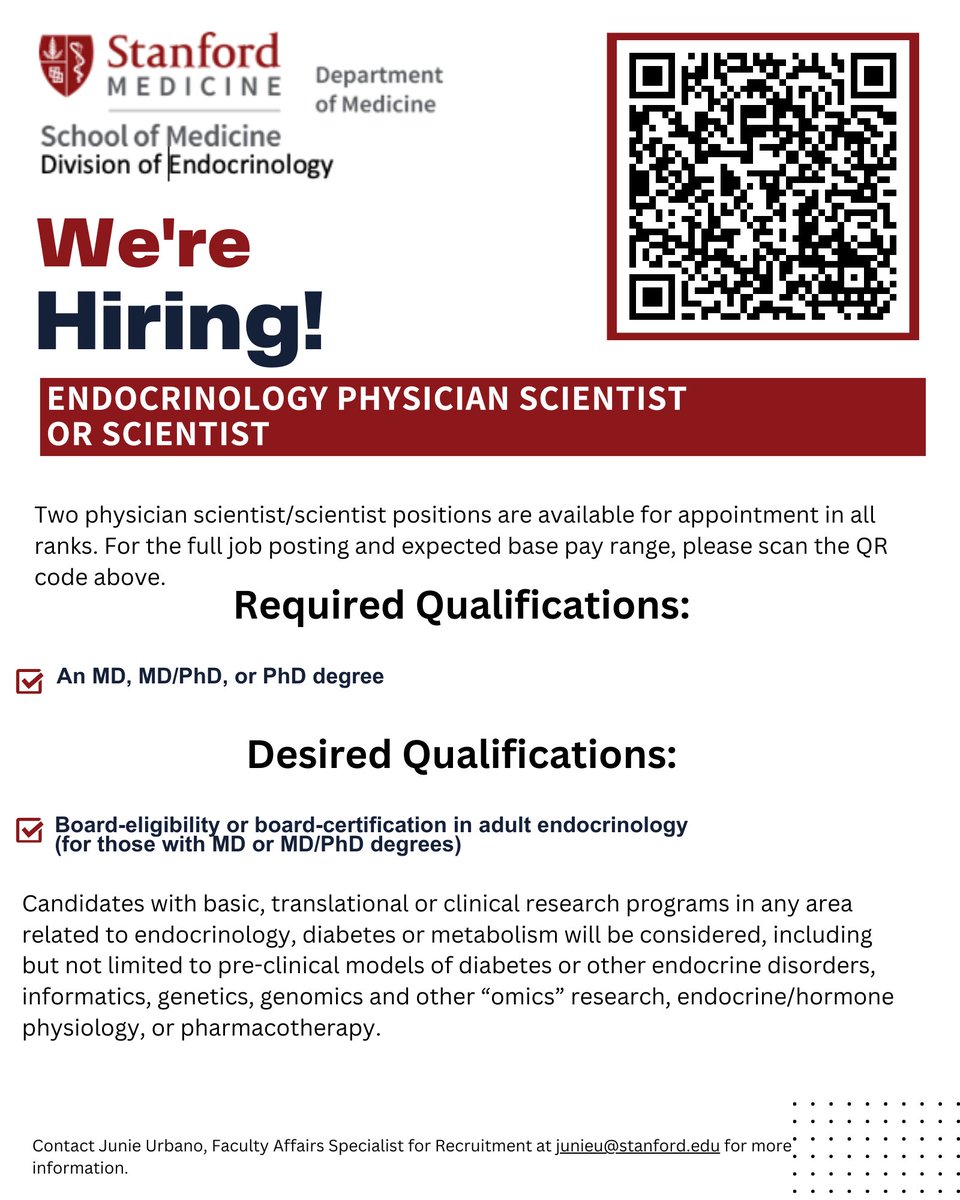 🚨 @StanfordEndo is hiring! 🚨 We are seeking TWO physician-scientists or scientists in any area of endocrinology, diabetes or metabolism. PhD, MD, and MD/PhD applicants are all welcome. Apply below to join a collaborative and nurturing environment. Plus lots of sunshine! ☀️🌴