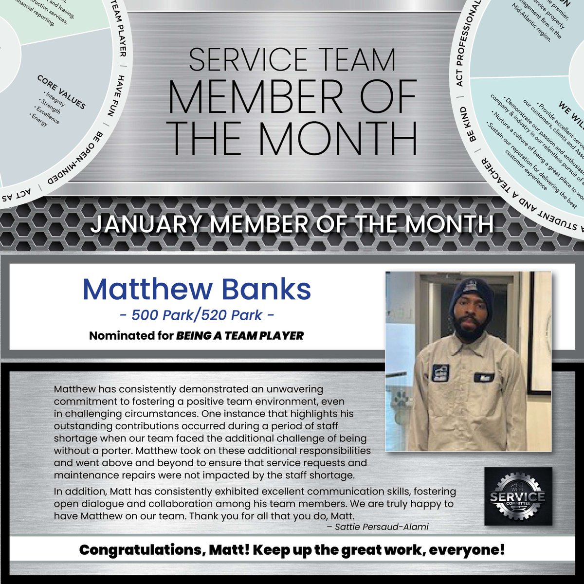 ⭐Service Team Member of the Month⭐

Please join us in congratulating our January 2024 Service Team Member of the Month, Matthew Banks! 
.
.
.
#WPMRealEstate #feelingrightathome #apartments #apartmentsearch #renthere #applytoday #homesweethome #wherepeoplematter #newhome