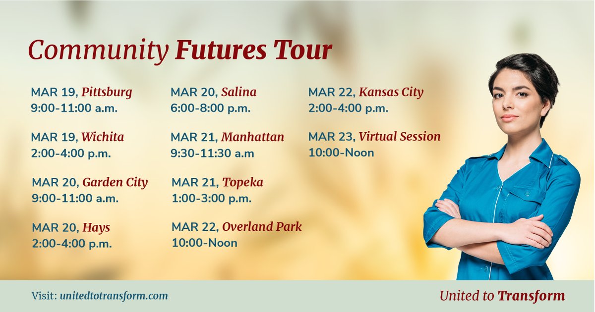 The Kansas Fights Addiction needs assessment, United to Transform, is excited to invite Kansans to participate in the Community Futures Tour. Join us at the tour site nearest to you or register to attend the virtual session at unitedtotransform.com. @CPPRMedia @SunflowerFDN
