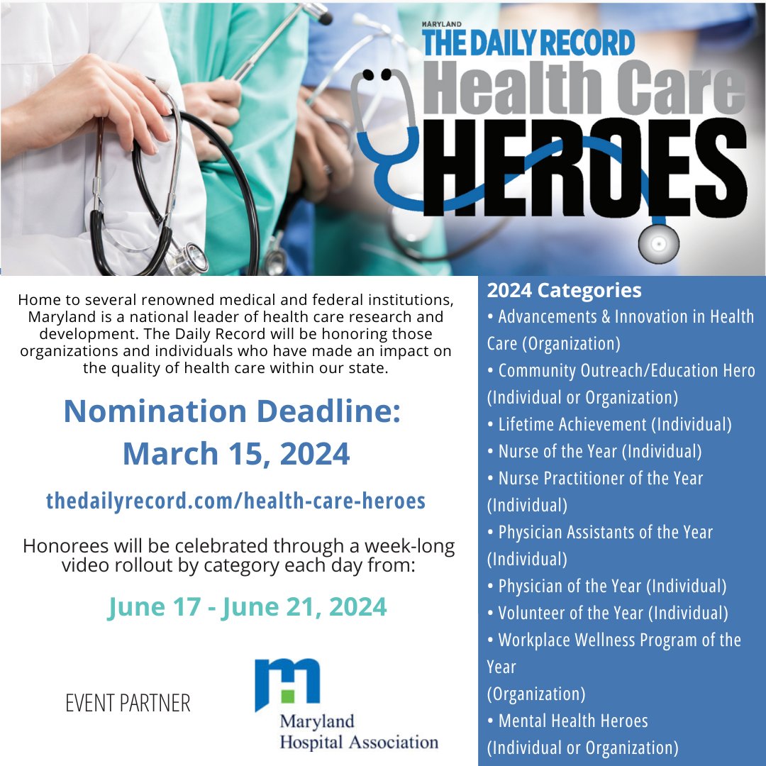 🌟 One Week Left 🌟 MHA is excited to partner with @mddailyrecord for the Health Care Heroes Awards. Nominate someone making a mark in health care by March 15! 🚀 #TDRAwards 👉 thedailyrecord.com/event/health-c…