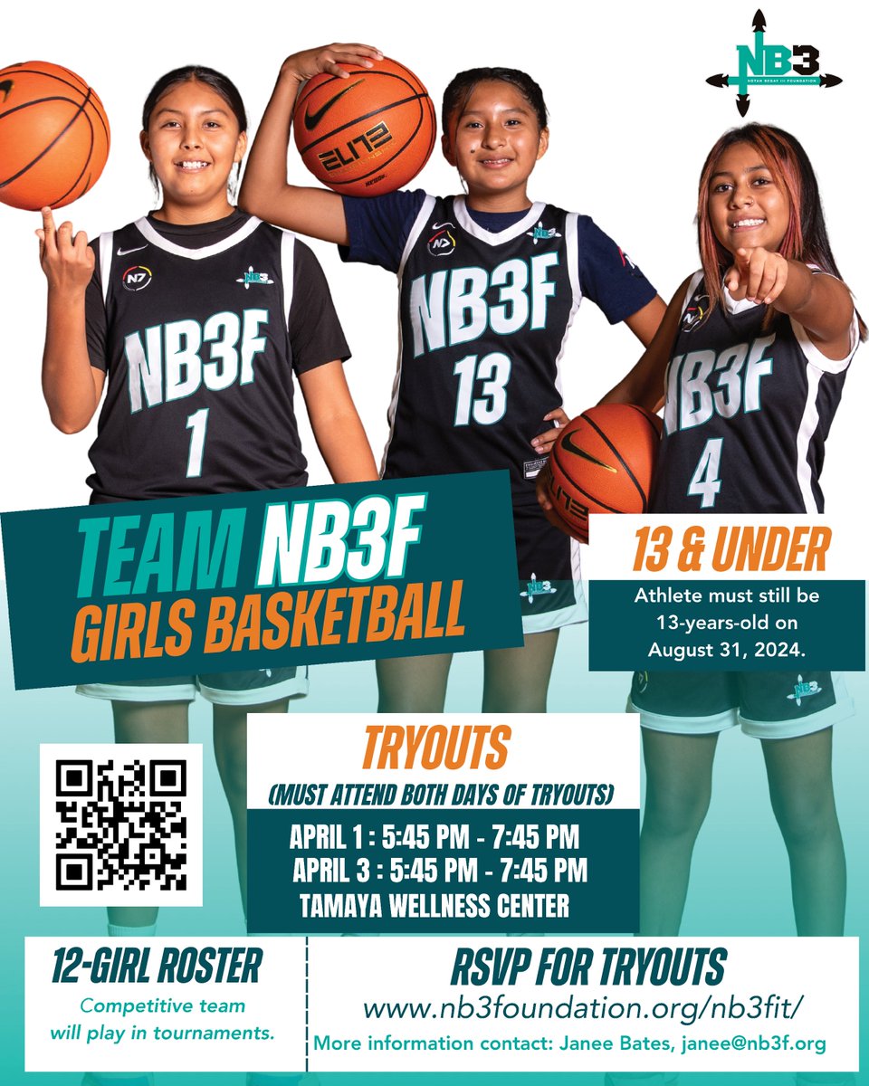 ❗❗ Upcoming Tryout Dates for 13U Girls Basketball Team❗❗ 🗓️ April 1 & 3 (Must attend both days of tryouts) ⏰ 5:45 p.m. to 7:45 p.m. 📍Tamaya Wellness Center 👥 12 girl roster ❗MUST RSVP at ow.ly/XYQ350QOYyU #NB3F