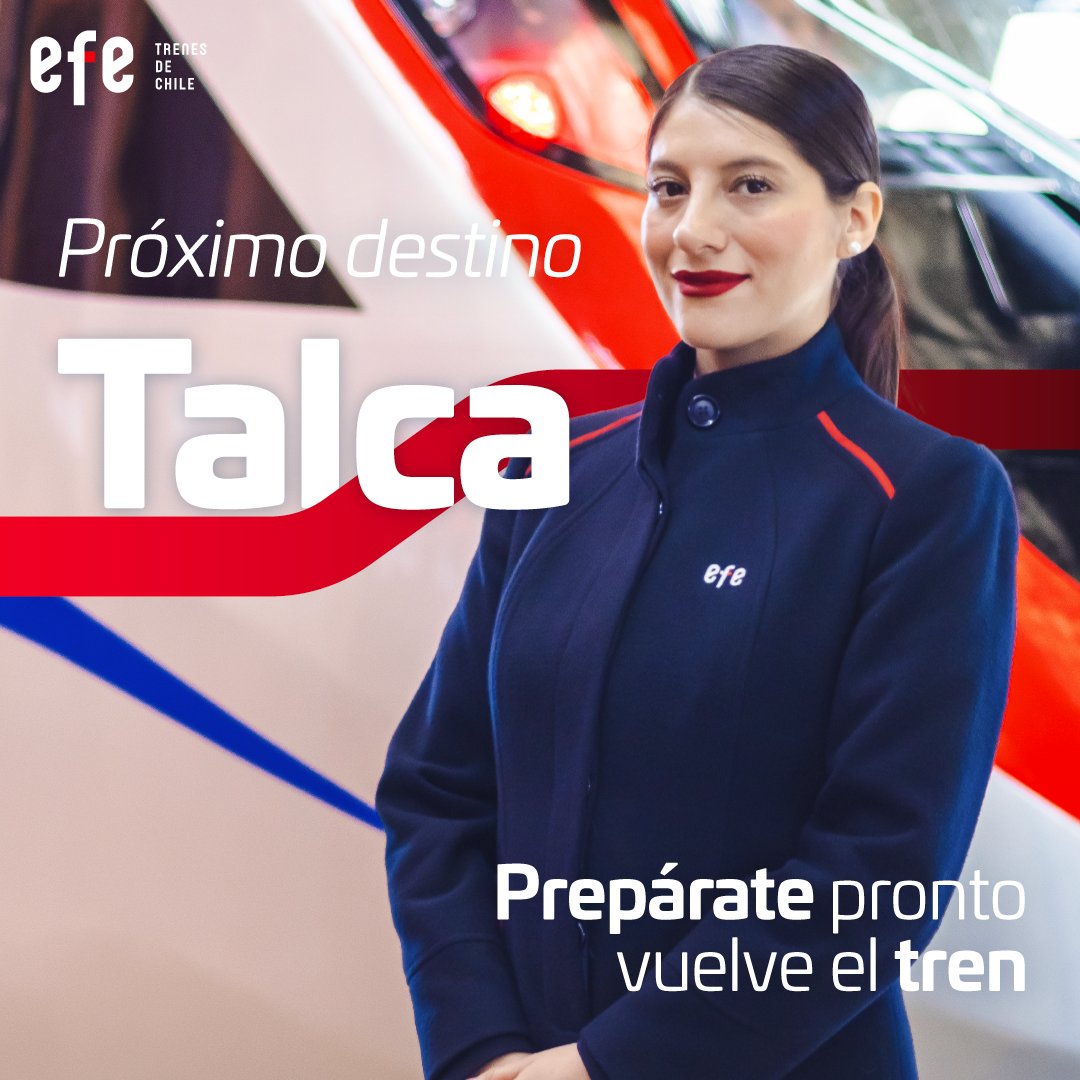 Próximo destino... 👀 ¡Talca! ✨ Pronto extendemos el servicio y vuelve el tren a Talca 🚄 Quédate atent@ a nuestras redes 🫵 más información próximamente 😊