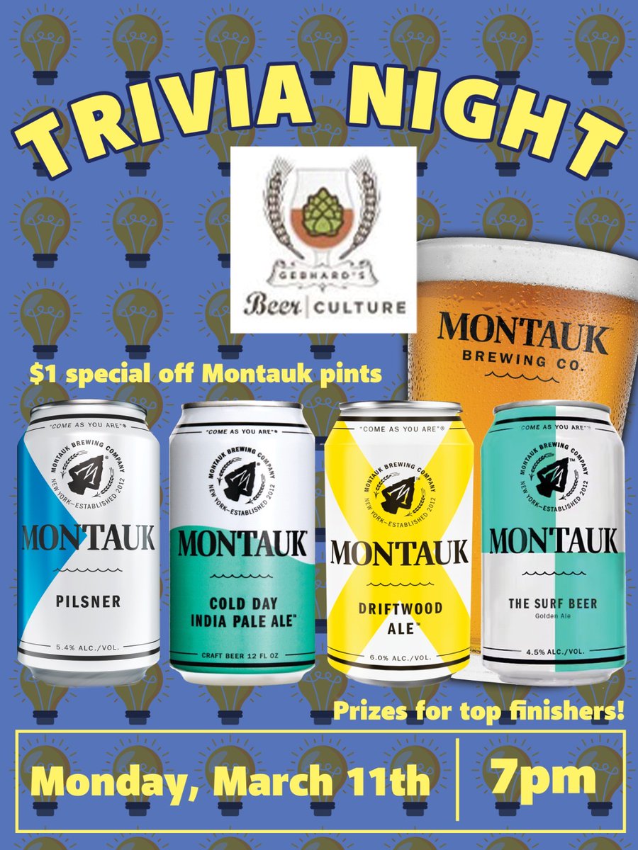 HUGE Trivia Night THIS MON March 11th @ 7PM...  sponsored by Montauk Brewing Co.💡🧠💡🧠 $1 off Montauk pints and prizes for top finishers.  Be there if yer smart!
#gebhardsbeerculture #upperwestside #beer #beerlover #trivianight #immodesttrivia #montaukbrewingco