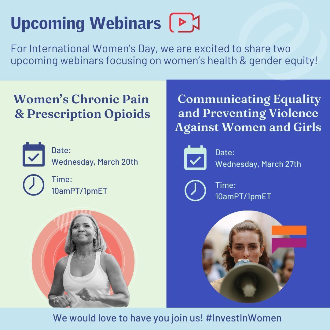 We are thrilled to share upcoming webinars! To sign up for the Women's Chronic Pain & Prescription Opioids webinar, click here: bit.ly/49tK2Wt. For the Communicating Equality webinar, register here: bit.ly/4bUB721 #InternationalWomensDay #IWD2024 #InvestinWomen