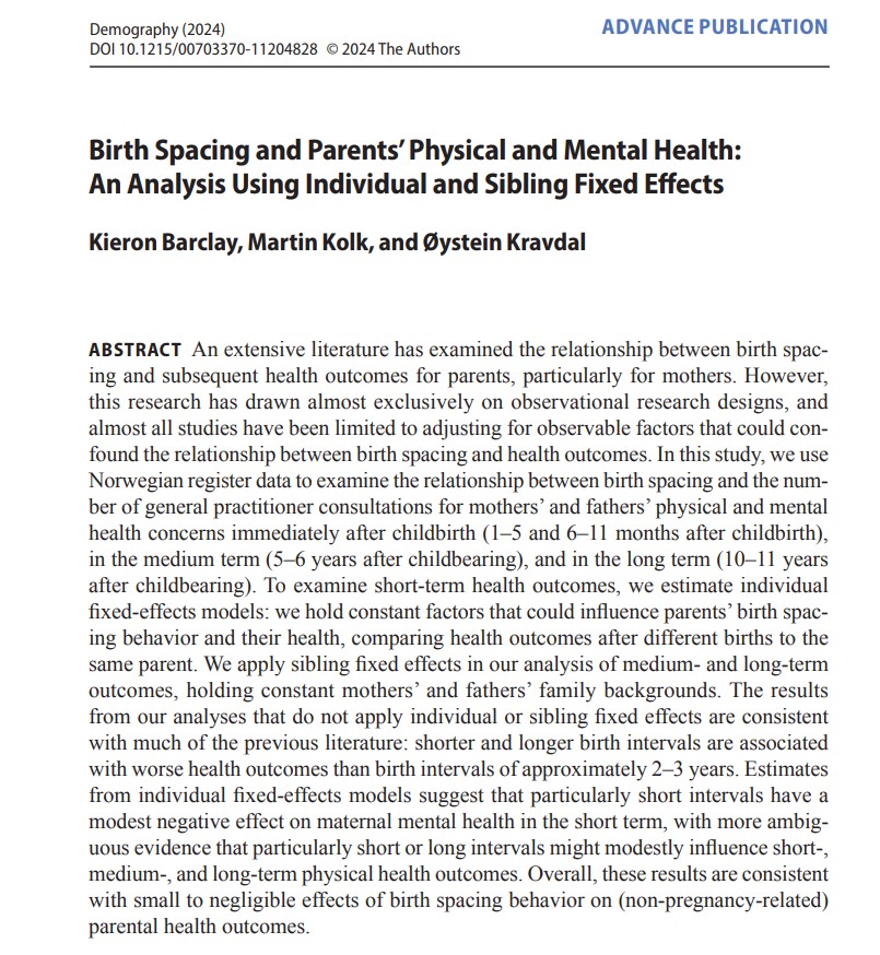 Posted today: “Birth Spacing &amp; Parents’ Physical &amp; Mental Health.” K Barclay, <a href="/MartinKolk/">Martin Kolk</a> &amp; O Kravdal find that “very short &amp; longer ave. birth intervals ↑ the probability of care-seeking for physical health problems." <a href="/Stockholm_Uni/">Stockholm University</a> <a href="/MPIDRnews/">MPIDR</a> <a href="/UniOslo/">Universitetet i Oslo</a>
ow.ly/INyF50QOZt6