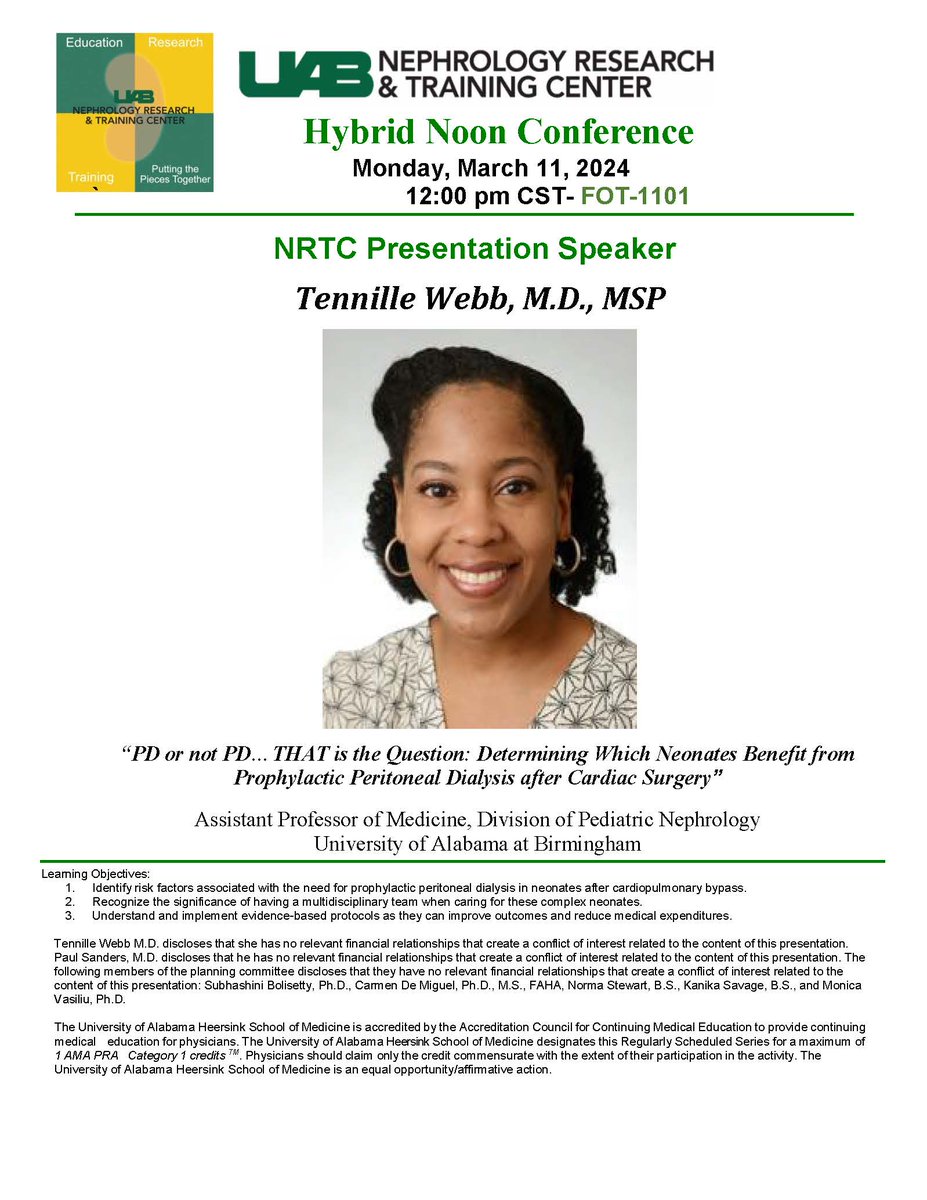 UAB Nephrology (@uab_nrtc) on Twitter photo <a href="/UAB_NRTC/">UAB Nephrology</a> Seminar - Monday 03/11 at noon hybrid (in person in FOT-1101) - Dr. Tennille Webb <a href="/TWebbMD/">Tennille Webb-Humphries, MD, MSPH</a> will present on: “PD or not PD…THAT is the Question: Determining Which Neonates Benefit from Prophylactic Peritoneal Dialysis after Cardiac Surgery”
<a href="/BolisettySu/">Subhashini Bolisetty</a> <a href="/Carmendemigue12/">Carmen De Miguel, PhD, MS, FAHA</a> <a href="/UAB_NRTC/">UAB Nephrology</a> Seminar - Monday 03/11 at noon hybrid (in person in FOT-1101) - Dr. Tennille Webb <a href="/TWebbMD/">Tennille Webb-Humphries, MD, MSPH</a> will present on: “PD or not PD…THAT is the Question: Determining Which Neonates Benefit from Prophylactic Peritoneal Dialysis after Cardiac Surgery”
<a href="/BolisettySu/">Subhashini Bolisetty</a> <a href="/Carmendemigue12/">Carmen De Miguel, PhD, MS, FAHA</a>
