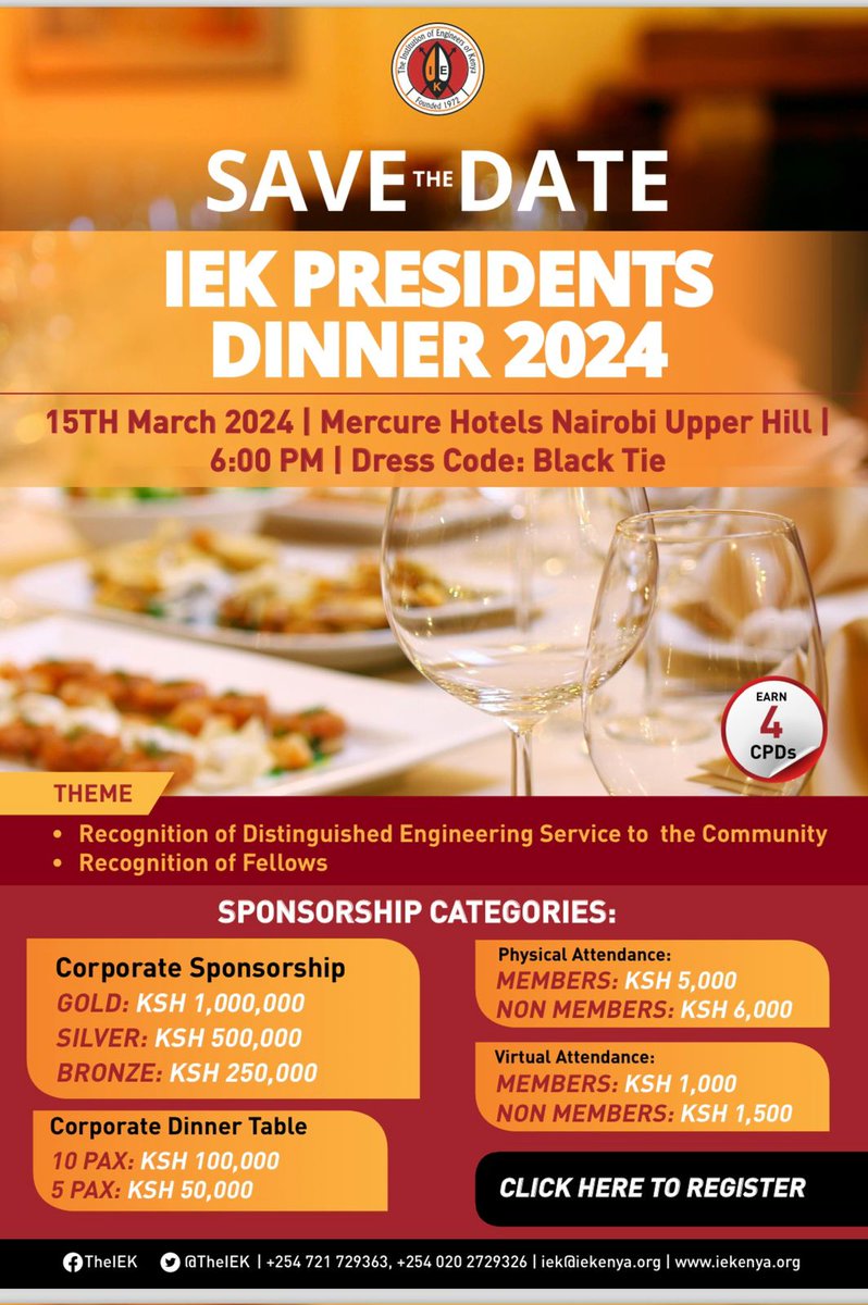 Ellyvine Wanjala, MIEK (@ellyvinewanjala) on Twitter photo It's been a scintillating 2 years indeed..! However, every good story eventually comes to an end! Join us nnxt week for an exciting evening with the President. Register👇 book.iek.events/events/RVYtMjM…
<a href="/TheIEK/">The Institution of Engineers of Kenya</a> <a href="/EngineersBoard/">Engineers Board of Kenya</a>
#PresidentsDinner
#IEKDecides
#Elections2024 It's been a scintillating 2 years indeed..! However, every good story eventually comes to an end! Join us nnxt week for an exciting evening with the President. Register👇 book.iek.events/events/RVYtMjM…
<a href="/TheIEK/">The Institution of Engineers of Kenya</a> <a href="/EngineersBoard/">Engineers Board of Kenya</a>
#PresidentsDinner
#IEKDecides
#Elections2024