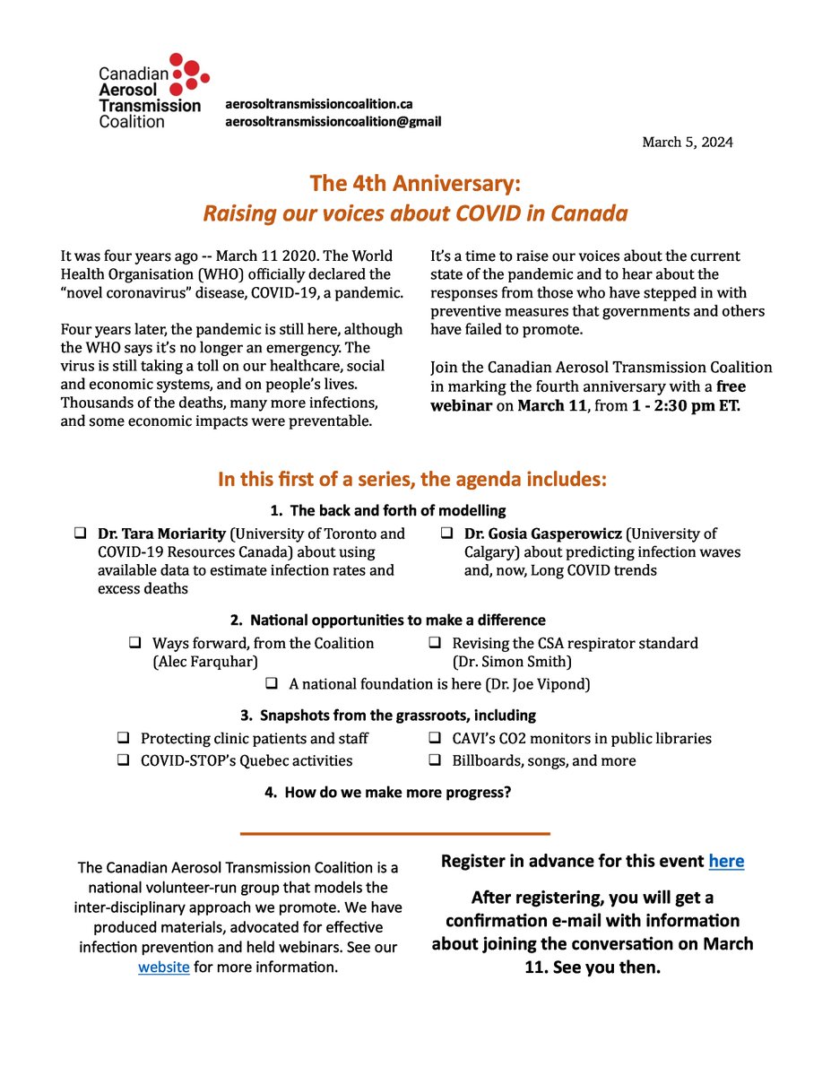 Join <a href="/CAAerosolCltn/">Can. Aerosol Transmission Coalition</a> in marking the 4th anniversary of the WHO's declaration of COVID-19 as a pandemic on March 11, 1-2:30 pm ET. info: aerosoltransmissioncoalition.ca
📢 Raising voices on the pandemic's impact; <a href="/dewigmore/">Dorothy Wigmore</a> <a href="/afarquhar51/">Alec Farquhar</a> <a href="/MoriartyLab/">Tara Moriarty</a> <a href="/GosiaGasperoPhD/">Malgorzata (Gosia) Gasperowicz</a> <a href="/jvipondmd/">𝙹𝚘𝚎 𝚅𝚒𝚙𝚘𝚗𝚍 joseph.vipond@ucalgary.ca</a> <a href="/kristatee/">Krista🪩 🍁</a>