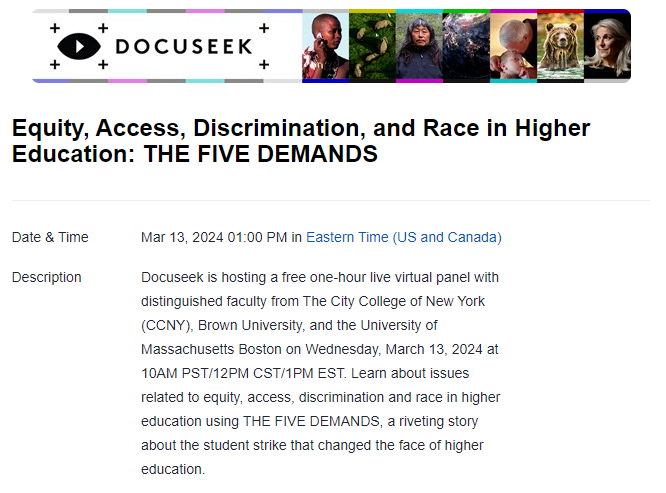 Upcoming! @Docuseek2 is hosting a FREE live virtual panel 'Equity, Access, Discrimination, and Race in Higher Education' to discuss @fivedemandsfilm. Wednesday, March 13, 2024, with: @DrVKV23 @mark_r_warren @nrookie @m_h_ramirez. Register now🔗mailchi.mp/icarusfilms/fi…
