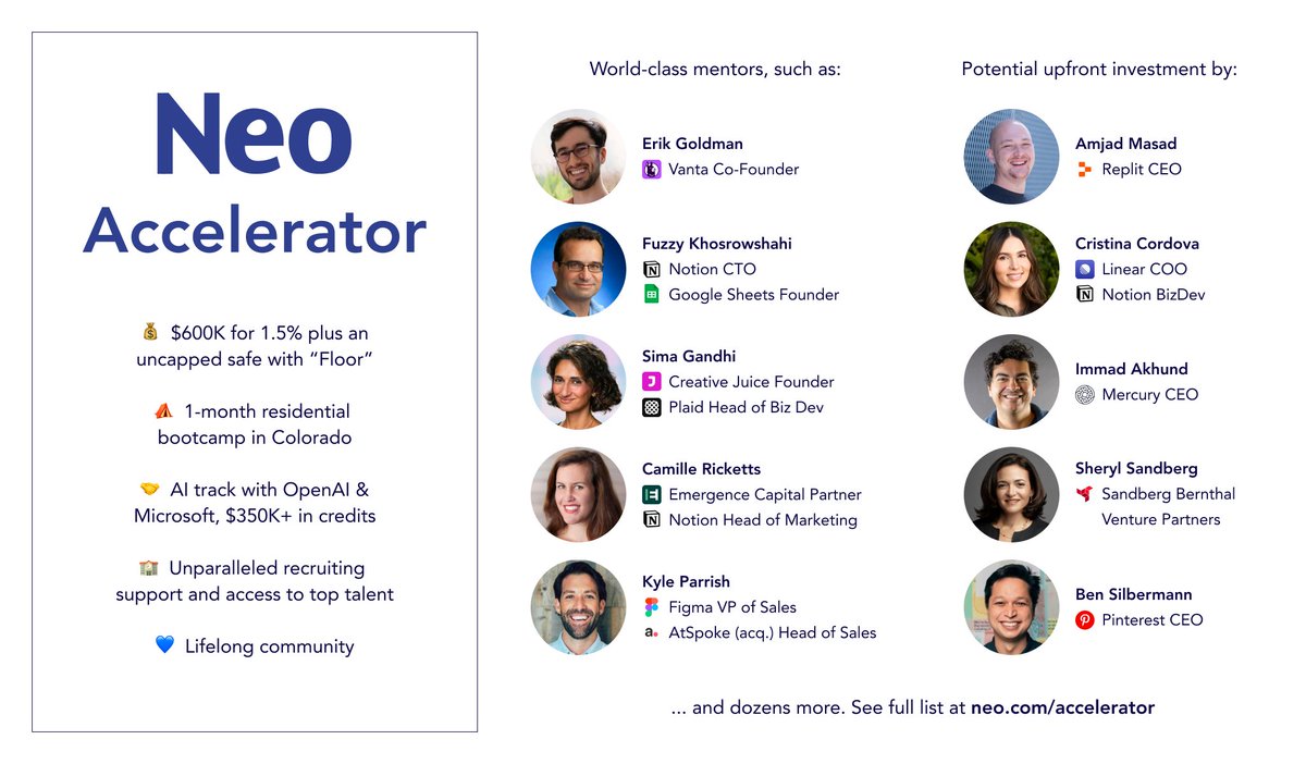 1 more week to apply to Neo Accelerator! 🔥 Learn more at neo.com/accelerator and sign up below for our last session next Tuesday (3/12). calendly.com/neo-team/2024-…