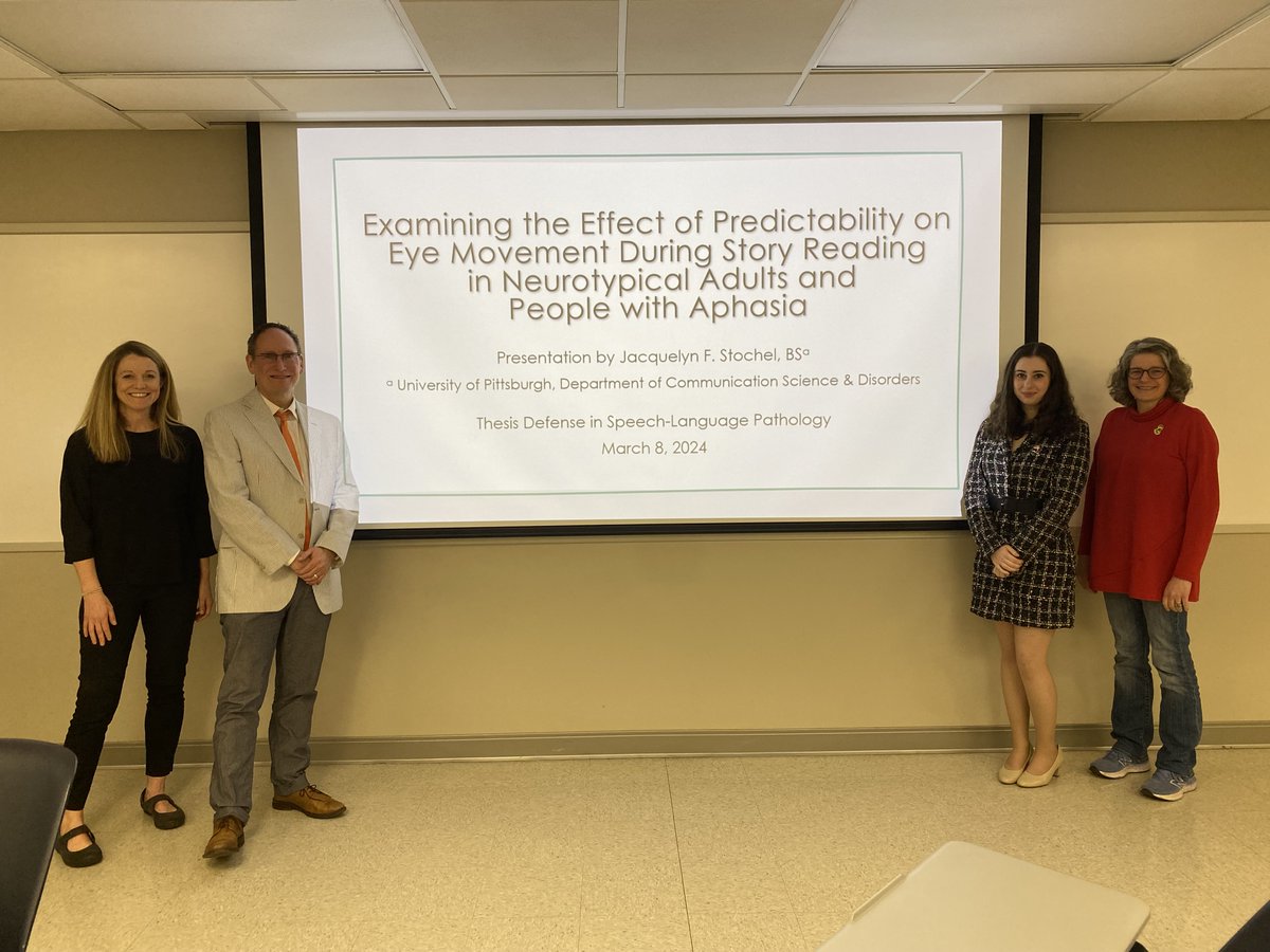 Congratulations to Jacquelyn Stochel who completed her thesis defense titled "Examining the Effect of Predictability on Eye Movement During Story Reading in Neurotypical Adults and People with Aphasia". #PittCSD #PittSHRS