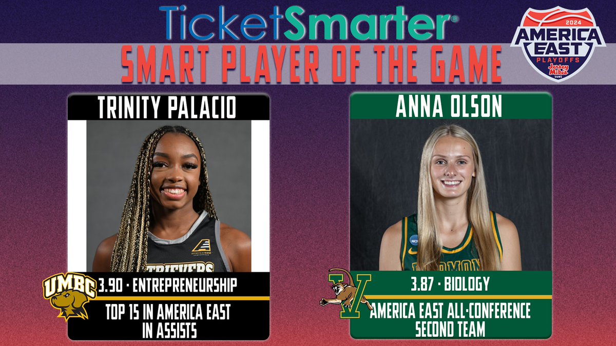 Our <a href="/TicketSmarter/">TicketSmarter</a> Smart Players of the Game as #6 <a href="/UMBCwbb/">UMBC Women’s Basketball</a> plays #3 <a href="/UVMwbb/">UVM Women's Basketball</a> at 6 PM!

Trinity Palacio, <a href="/UMBCwbb/">UMBC Women’s Basketball</a> 
Anna Olson, <a href="/UVMwbb/">UVM Women's Basketball</a> 

📺 espn.com/watch/player/_…
📰tinyurl.com/5n84r479