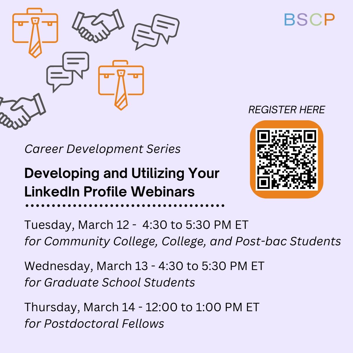Join us for an awesome webinar series, "Developing and Utilizing Your LinkedIn Profile"!  Sessions are tailored to your academic level and all attendees will be invited to have their LinkedIn profile reviewed 1:1 by our LinkedIn expert!

REGISTER TODAY: buff.ly/49KMrvW