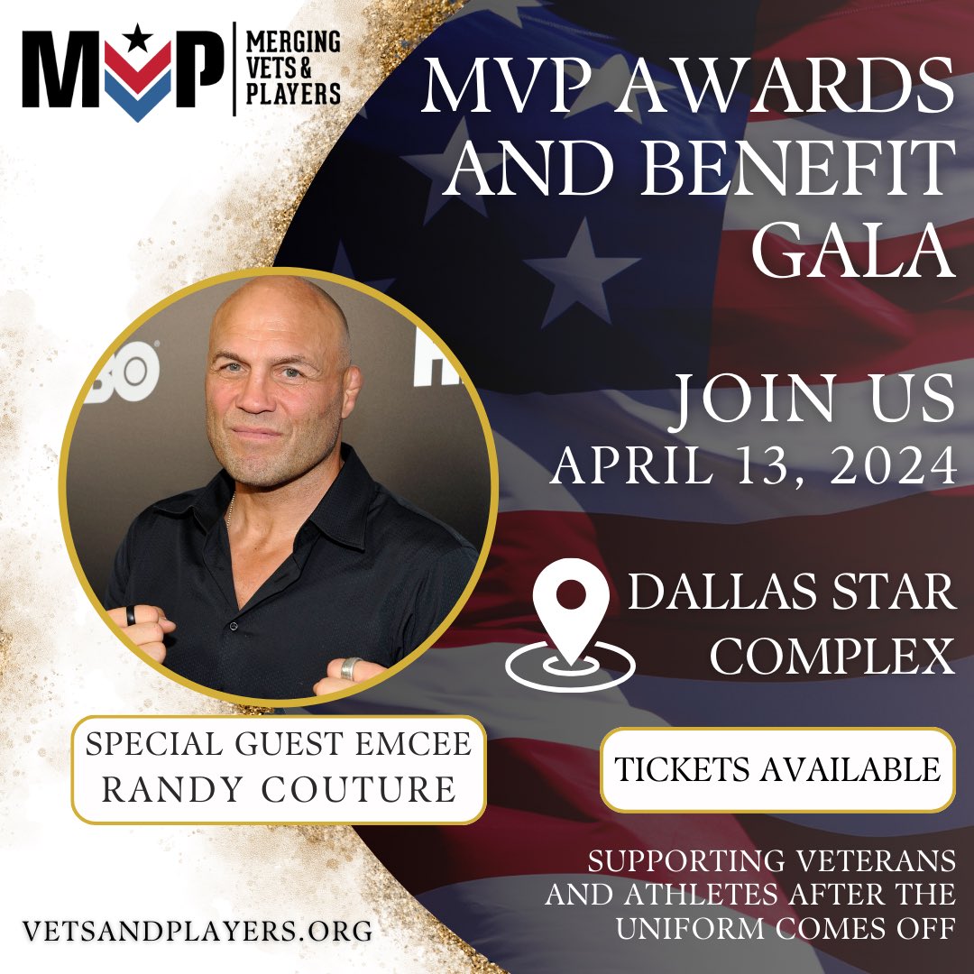 Thrilled to announce that our Special Guest Emcee for this year’s Gala will be UFC Legend, @Randy_Couture! He also serves on our Board, showcasing his unwavering dedication to our organization since its inception. vetsandplayers.org/mvp-gala-2024