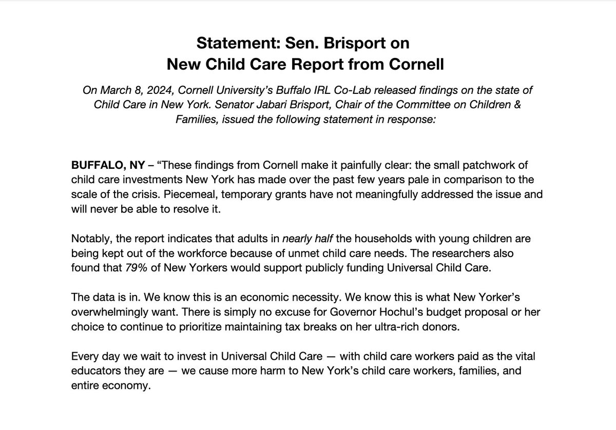 Cornell just released new data on the child care crisis in New York. It’s…bleak. My full statement’s below. ecommons.cornell.edu/server/api/cor…