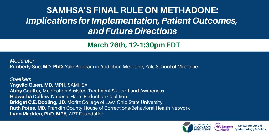 (1/2) *Save the Date* 3/26 12-1:30: "SAMHSA's Final Rule on Methadone: Implications for Implementation, Patient Outcomes, &amp; Future Directions" with @DrKimSue, <a href="/YngvildOlsen/">Yngvild Olsen</a>, <a href="/CollinsHiawatha/">Hiawatha Collins</a>, <a href="/DrRuthPotee/">Ruth Potee, MD, FASAM</a>, <a href="/BridgetDooling/">Bridget C.E. Dooling</a>, Abby Coulter, &amp; Lynn Madden. 

🔗yale.zoom.us/webinar/regist…