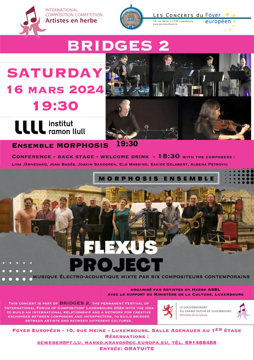 Aquest mes de març estarem a Luxembourg. Morphosis Ensemble amb el projecte internacional FLEXUS PROJECT 4th edition 2023/2024 ! Molt ganes d'actuar al 'Foyer européen' (Luxembourg) gràcies a Artiste en Herbe | Luxembourg. cercleculturel.lu/Foyer/