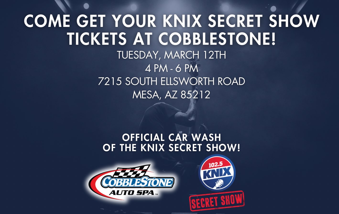 Cobblestone Auto SpaCar Wash on X: Hey @knixcountry fans! 🤠 Stop by  #CobblestoneAutoSpa in Mesa next Tuesday for your chance to win  #KNIXSecretShow tickets! 🎟️  / X