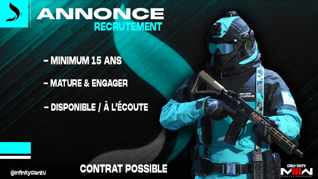 InfinityClanEU's tweet image. 🏆​ RECRUTEMENT 2024 🏆

-Joueur COD/APEX/MC/COC/FORTNITE
-Monteur Vidéo bénévole
-Streamers / créateur contenu
-Staff Discord ( animateur , modo , admin )
-Modo Twitch
-Manager
-Coach COD / Apex / Fortnite

Concours a venir sur notre discord ! 🎉

@Cherche_1Groupe @Cherche_FA