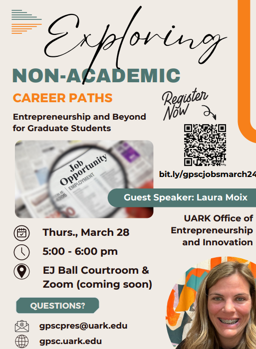 This month’s GPSC Policy Dialogue is “Exploring Non-Academic Career Paths” with Laura Moix from the @UArkansas @UofA_Ent. The meeting will be held at 5:00 pm on March 28th in the EJ Ball Courtroom. Register for the event at bit.ly/gpscjobsmarch24