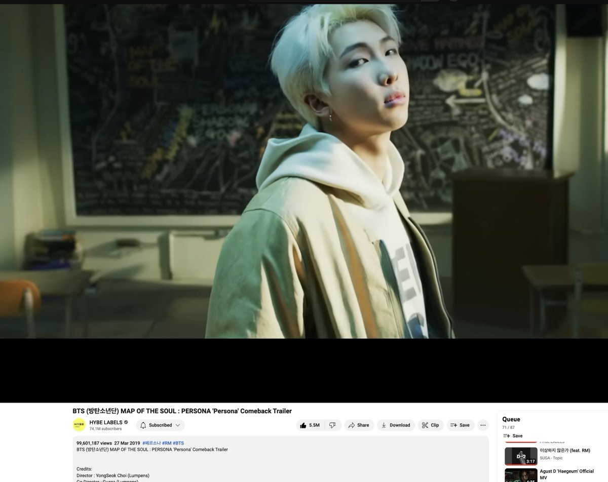Listen, boy! My first love story!
PERSONA MV JUST REACHED 99.6M 🥳🥳
only 400K to go!! woot wwot!
Remember to send it to your queue while streaming for Suga's birthday (see pinned tweet).
youtu.be/M9Uy0opVF3s?li…