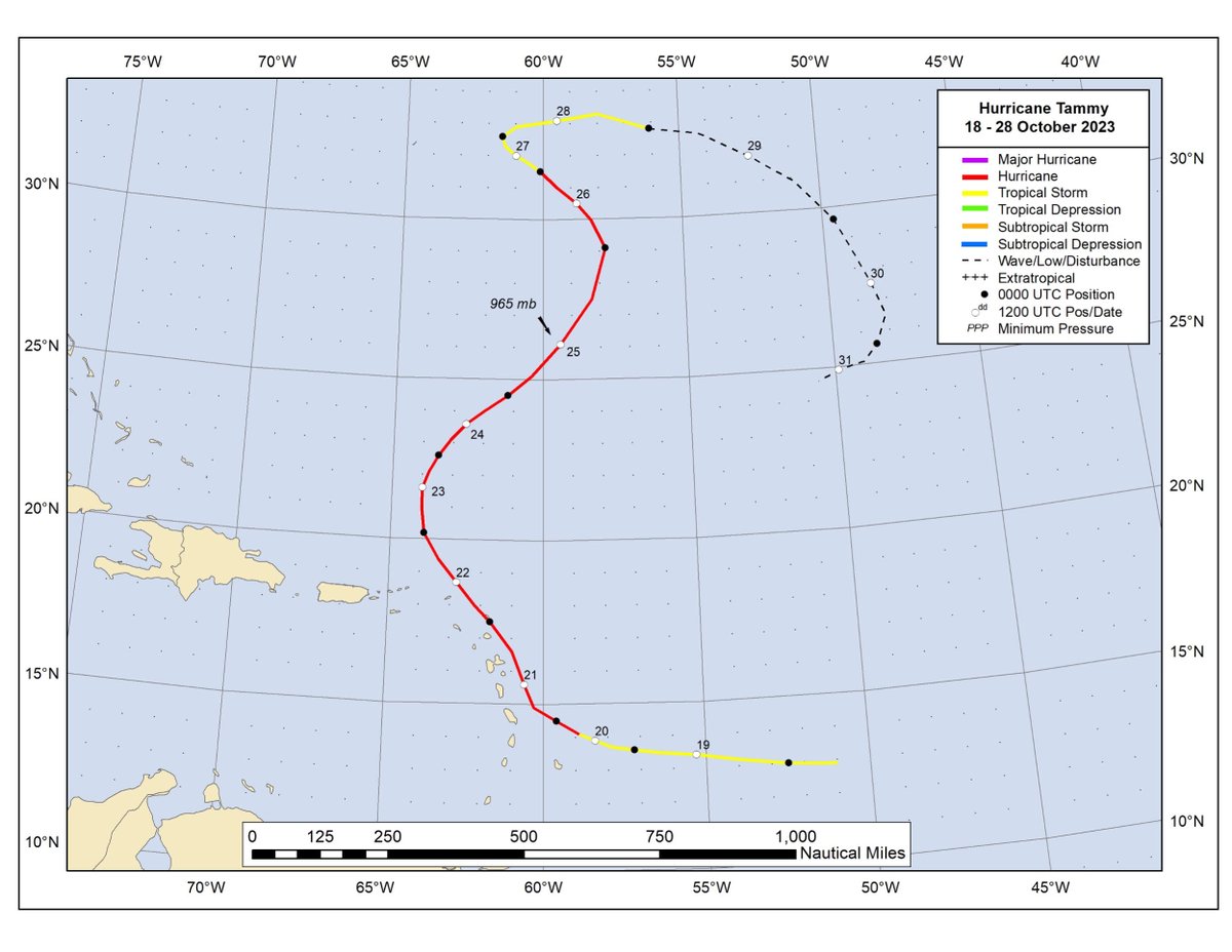 NHC has released the Tropical Cyclone Report for Hurricane #Tammy (October 18-28, 2023). Tammy brought hurricane-force winds to Barbuda in the northeastern Leeward Islands. nhc.noaa.gov/data/tcr/AL202…